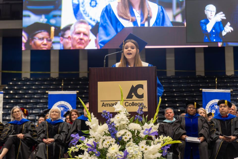 Student commencement speaker Liv Cawthorn addresses 2023 graduates Saturday at the Amarillo College evening ceremony in downtown Amarillo.