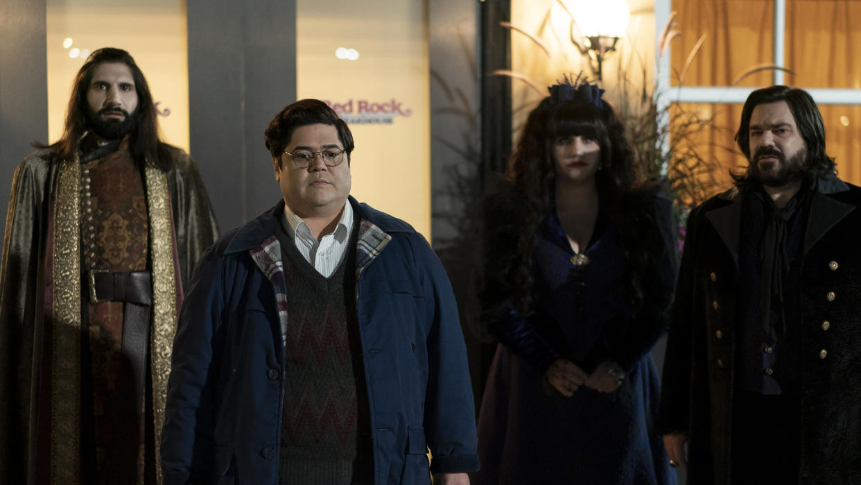  (L-R): Kayvan Novak as Nandor, Harvey Guillén as Guillermo, Natasia Demetriou as Nadja, , Matt Berry as Laszlo in What We Do In The Shadows season 5 episode 1 "The Mall" 