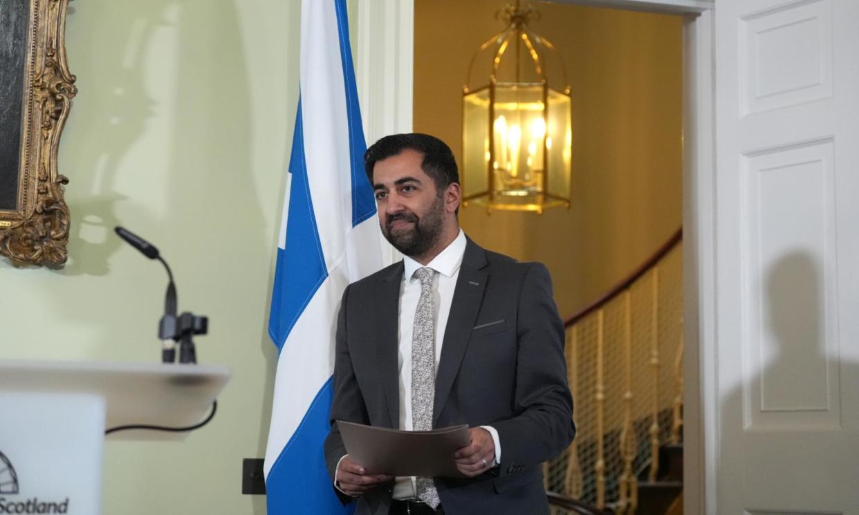 <span>Humza Yousaf at a press conference in Edinburgh on 29 April where he resigned as Scotland’s first minister.</span><span>Photograph: Getty Images</span>