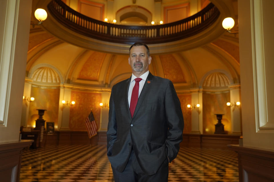 Republican gubernatorial candidate state Sen. Brian Dahle poses in the rotunda of the state Capitol in Sacramento, Calif., Thursday, June 9, 2022. Dahle finished second in California's primary on June 7, and knows it will be hard to defeat incumbent Democratic Gov. Gavin Newsom. He plans to focus on what he says are the problems people care about the most, including high gas prices and rising crime. (AP Photo/Rich Pedroncelli)