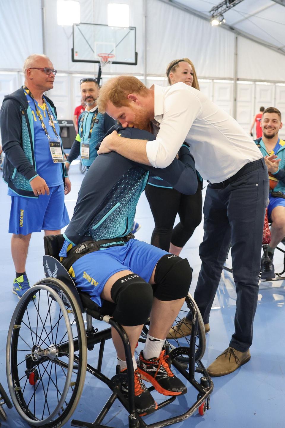 Prince Harry, Duke of Sussex meets with the Wheelchair Basketball Team Ukraine during day six of the Invictus Games The Hague 2020 at Zuiderpark on April 21, 2022 in The Hague, Netherlands.