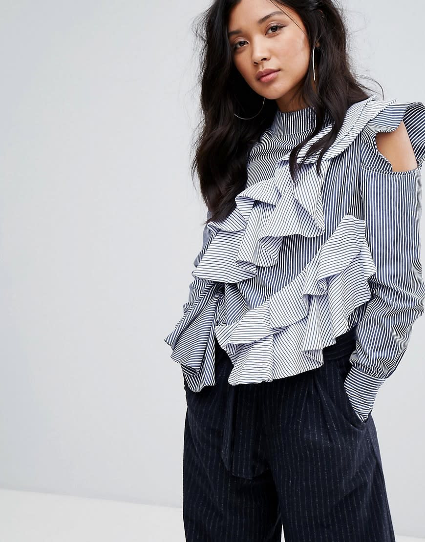 Boohoo Stripe Cold Shoulder Ruffle Detail Blouse