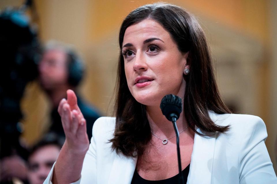 PHOTO: In this June 28, 2022 file photo, Cassidy Hutchinson testifies during the Select Committee to Investigate the January 6th Attack on the U.S. Capitol in Washington.   (Tom Williams/CQ-Roll Call, Inc via Getty Images, FILE)