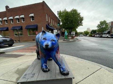 The "Out of the Blue" bear is one of the 20 new Bearfootin' Bears now on display along Main Street in Hendersonville.