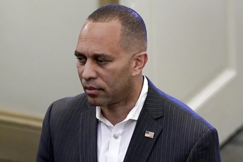 Democratic Caucus Chair Rep. Hakeem Jeffries, D-N.Y., listens to a questions, Tuesday, May 30, 2023, on Capitol Hill in Washington. (AP Photo/Mariam Zuhaib)