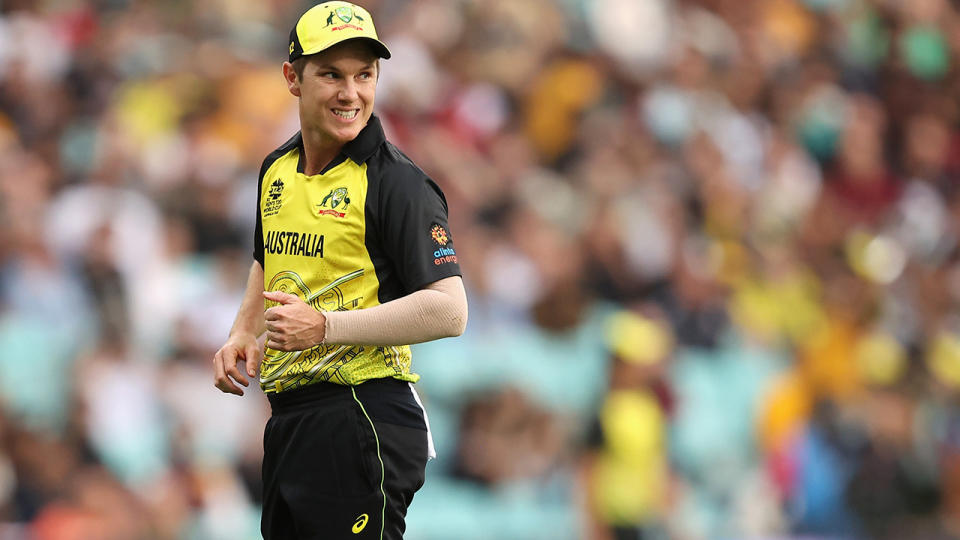 Adam Zampa is pictured in the field for Australia at the T20 World Cup.