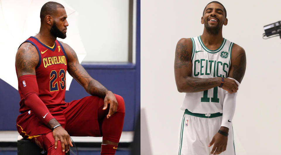 LeBron James and Kyrie Irving are at opposite ends of the East’s best rivalry, and they will meet in the season opener. (AP)
