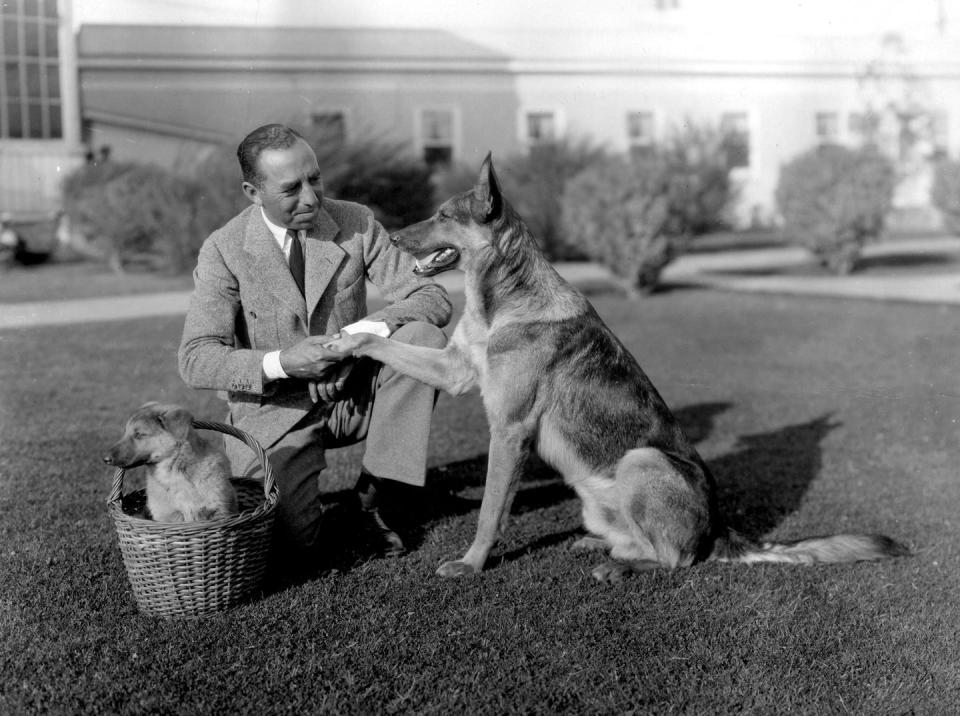 <p>We're not sure who's the star in this photo—director Chester Franklin or his German Shepard, named Peter the Great, who's shaking Chester's hand on the lawn in front of his studio. </p>