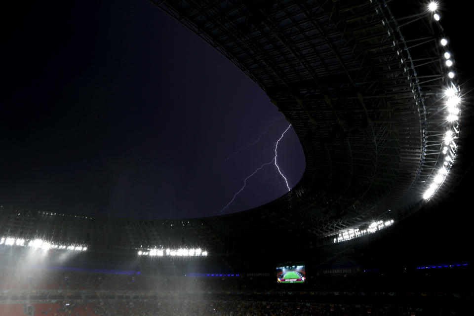 DONETSK, UKRAINE - JUNE 15: Play is suspended due to bad weather during the UEFA EURO 2012 group D match between Ukraine and France at Donbass Arena on June 15, 2012 in Donetsk, Ukraine. (Photo by Julian Finney/Getty Images)