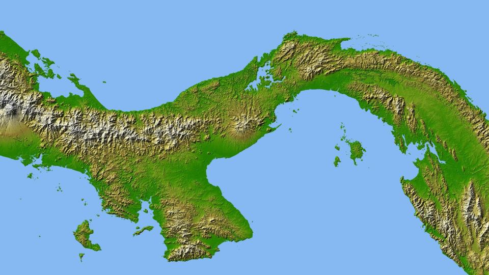 A map of the Isthmus of Panama, with the water in blue and the land in green.