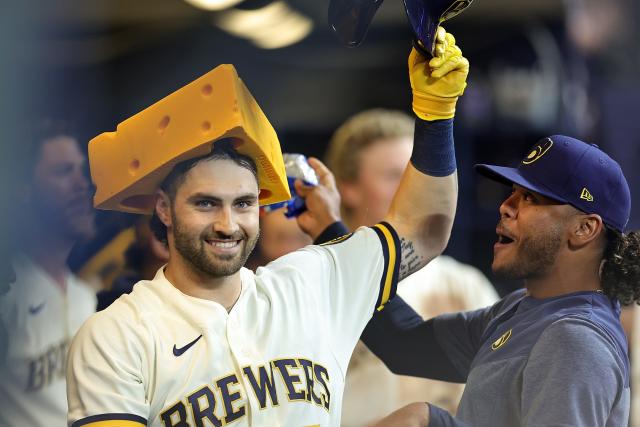 The Brewers new home-run cheesehead gets a workout Tuesday against the Mets