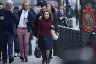 Stella Moris, Julian Assange's partner, arrives outside the High Court in London, Thursday, Oct. 28, 2021. The U.S. government is scheduled to ask Britain's High Court to overturn a judge's decision that WikiLeaks founder Julian Assange should not be sent to the United States to face espionage charges. A lower court judge refused extradition in January on health grounds, saying Assange was likely to kill himself if held under harsh U.S. prison conditions. (AP Photo/Frank Augstein)