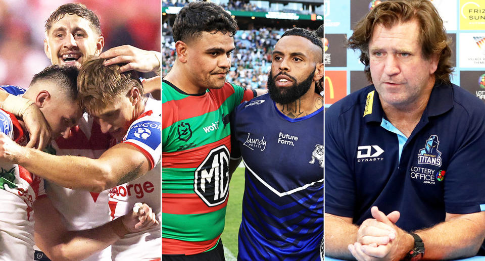 From left to right, NRL stars Zac Lomax, Latrell Mitchell and Titans coach Des Hasler.