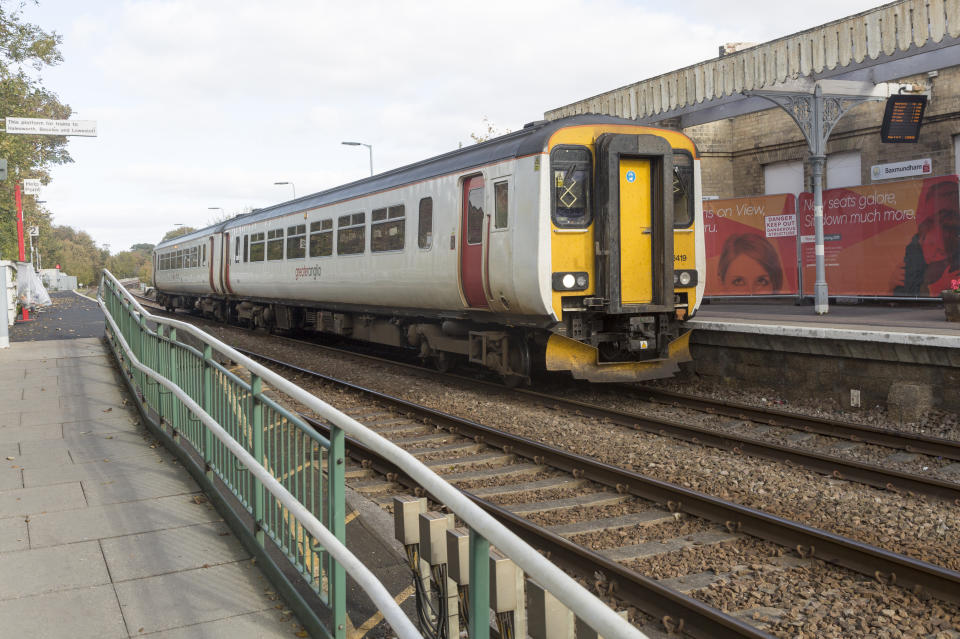 Railway station, Saxmundham, Suffolk, England, UK British Rail Class 156 Super Sprinter diesel multiple unit Greater Anglia train. (Photo by: Geography Photos/Universal Images Group via Getty Images)