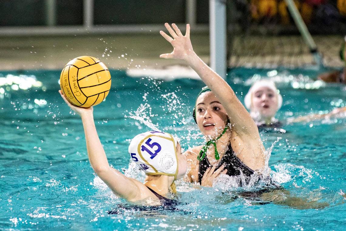 Southlake’s Sofia Armbruster blocks Keller’s Brydget Green from passing on Friday, Sept. 9. 2022, at the Carroll ISD Aquatics Center in Southlake, Texas.