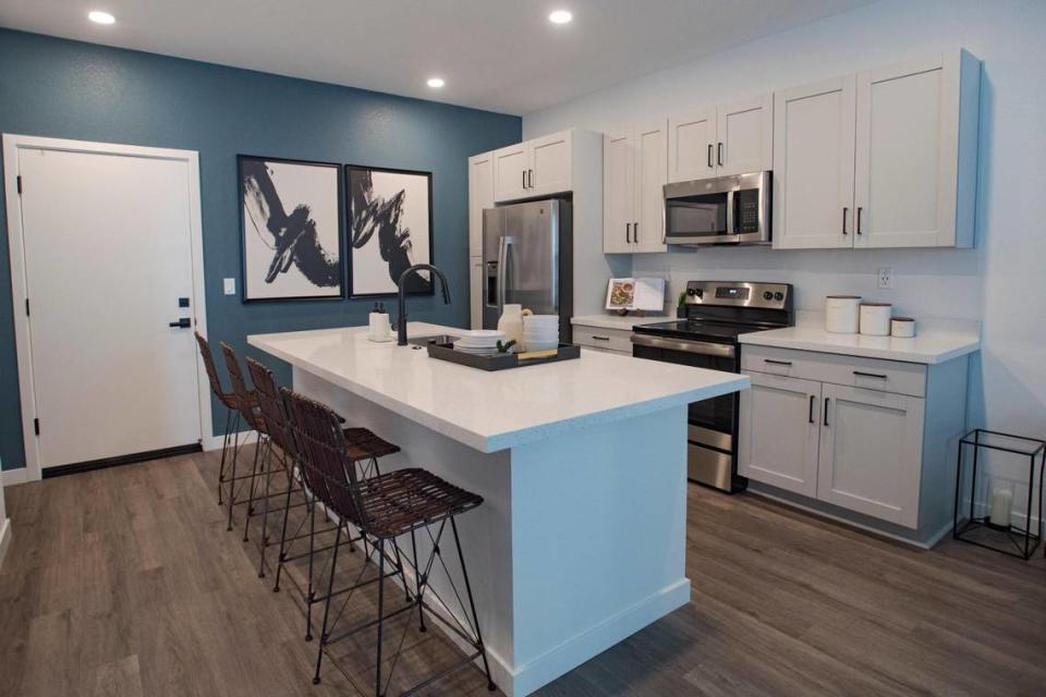 A kitchen of a home at Cyrene at Meadowlands is ready for renters on Wednesday, July 19, 2023, in Lincoln.