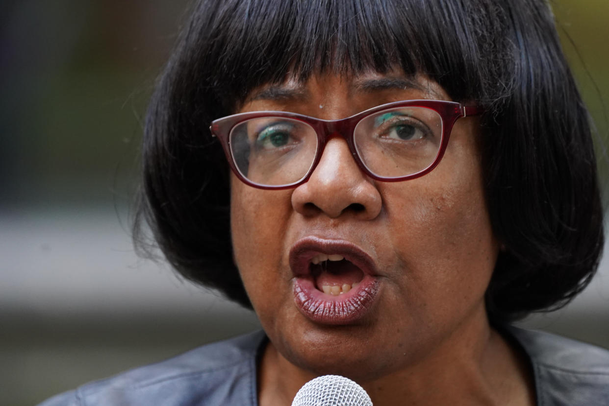 Diane Abbott speaks at a protest by Stand Up to Racism and the Afghan Human Rights Foundation outside the Home Office in Westminster, central London. The two organisations have condemned Home Secretary Priti Patel's decision to only allow 5,000 refugees into Britain from Afghanistan this year as 