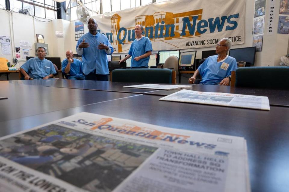 San Quentin News editor Steve Brooks and other inmates work on the newspaper at San Quentin State Prison Wednesday.