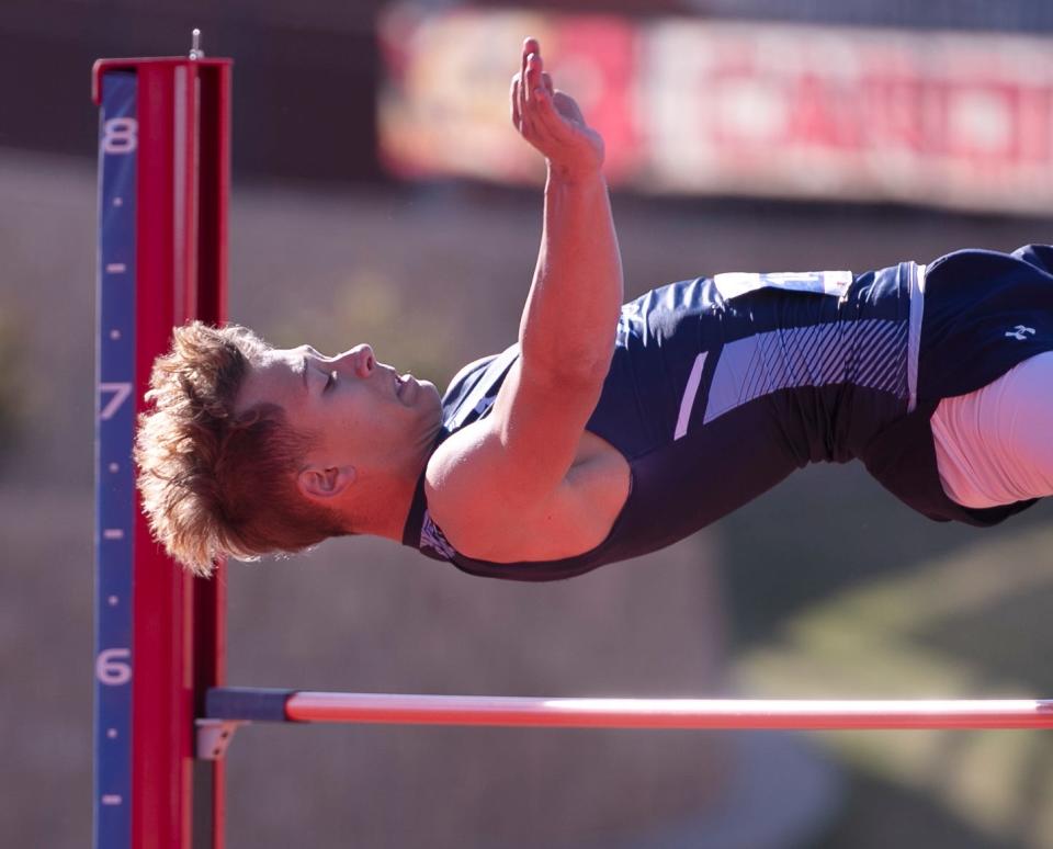 West Plains' Brycen Williams competes in high jump during the Region I-4A track and field meet, Saturday, April 29, 2023, at Lowrey Field.