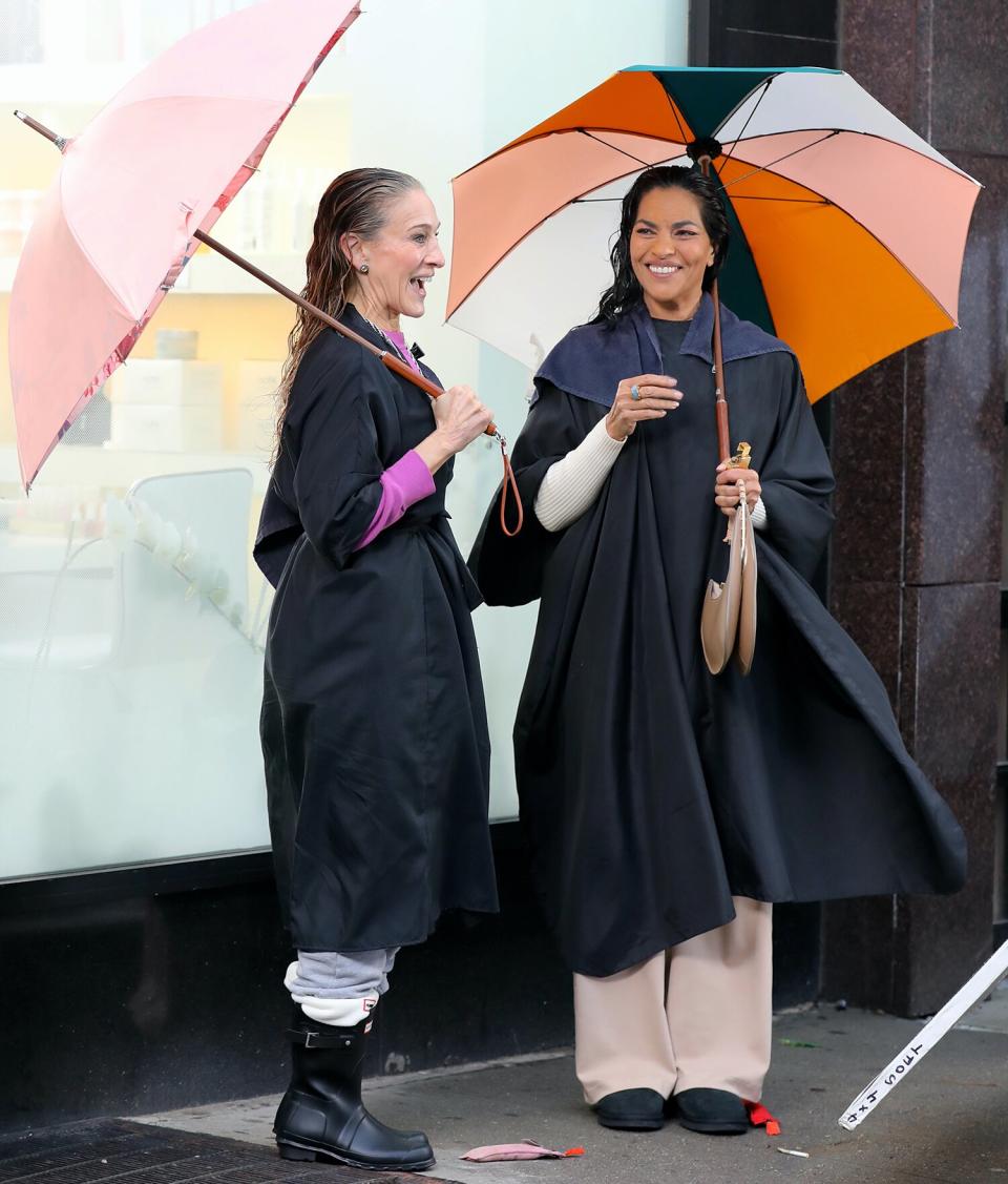 Sarah Jessica Parker and Sarita Choudhury are seen on the set of "And Just Like That..."