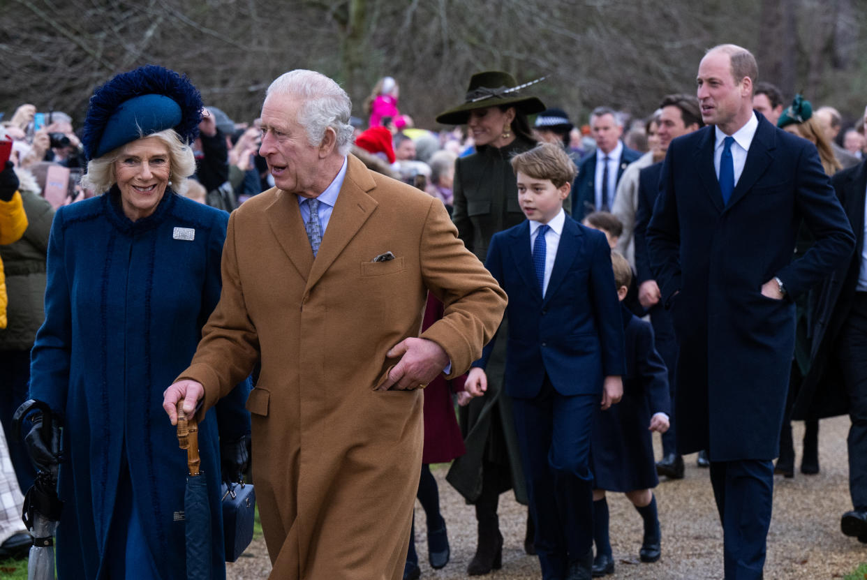 SANDRINGHAM, NORFOLK - DECEMBER 25:  Camilla, Queen Consort, King Charles III, Catherine, Princess of Wales, Prince George and Prince William, Prince of Wales attend the Christmas Day service at Sandringham Church on December 25, 2022 in Sandringham, Norfolk. King Charles III ascended to the throne on September 8, 2022, with his coronation set for May 6, 2023. (Photo by Samir Hussein/WireImage)