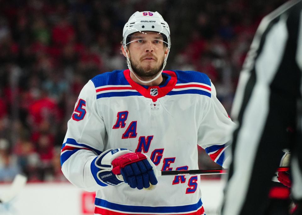 May 11, 2024; Raleigh, North Carolina, USA; New York Rangers defenseman Ryan Lindgren (55) reacts during the first period against the Carolina Hurricanes in game four of the second round of the 2024 Stanley Cup Playoffs at PNC Arena.