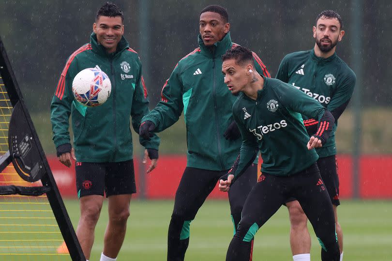 Casemiro, Anthony Martial, Antony, Bruno Fernandes of Manchester United in action during a first team training session at Carrington Training Ground on May 22, 2024