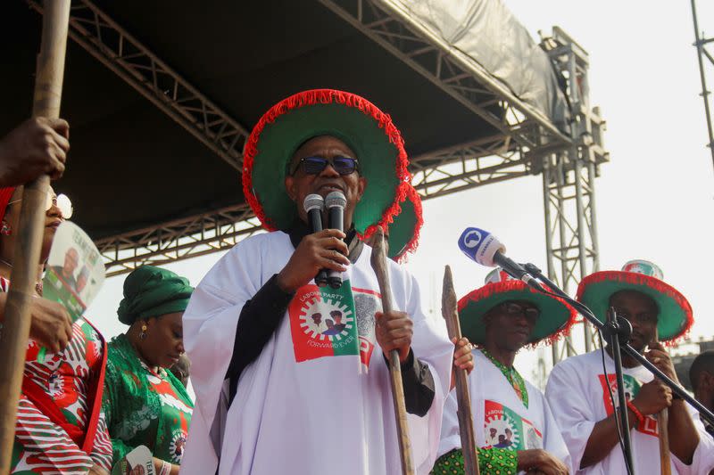 FILE PHOTO: Labour party's presidential candidate Peter Obi wears a traditional attire with LP branding during a campaign rally in Lagos