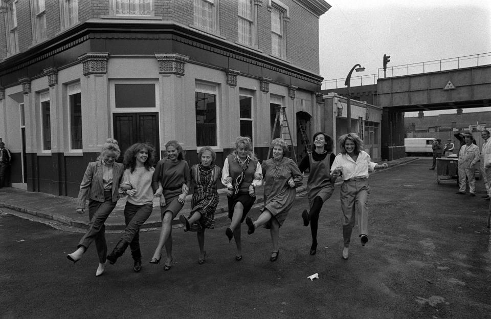 Some of the BBC Television's EastEnders cast line-up at Elstree Studios at Borehamwood, Hertfordshire, (l-r) Letitia Dean, Susan Tully, Shirley Cheriton, Gretchen Franklin, Wendy Richard, Anna Wing, Sandy Ratcliff and Gillian Taylforth.