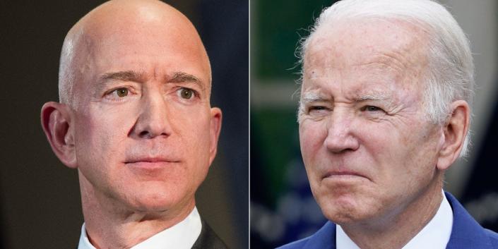 Close-up photos of Jeff Bezos and President Joe Biden side by side