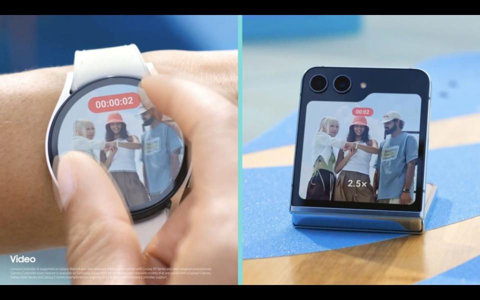 三星Galaxy Z Flip5Flex Cam也帶來了可在封面螢幕調整變焦、AI景深等功能，還帶有更穩定的錄影功能，以及AutoFraming 自動取景功能。（翻攝直播）