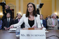 Cassidy Hutchinson, former aide to Trump White House chief of staff Mark Meadows, arrives to testify as the House select committee investigating the Jan. 6 attack on the U.S. Capitol continues to reveal its findings of a year-long investigation, at the Capitol in Washington, Tuesday, June 28, 2022. (AP Photo/Jacquelyn Martin)
