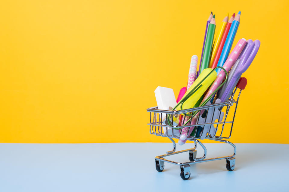 shopping cart full of school supplies