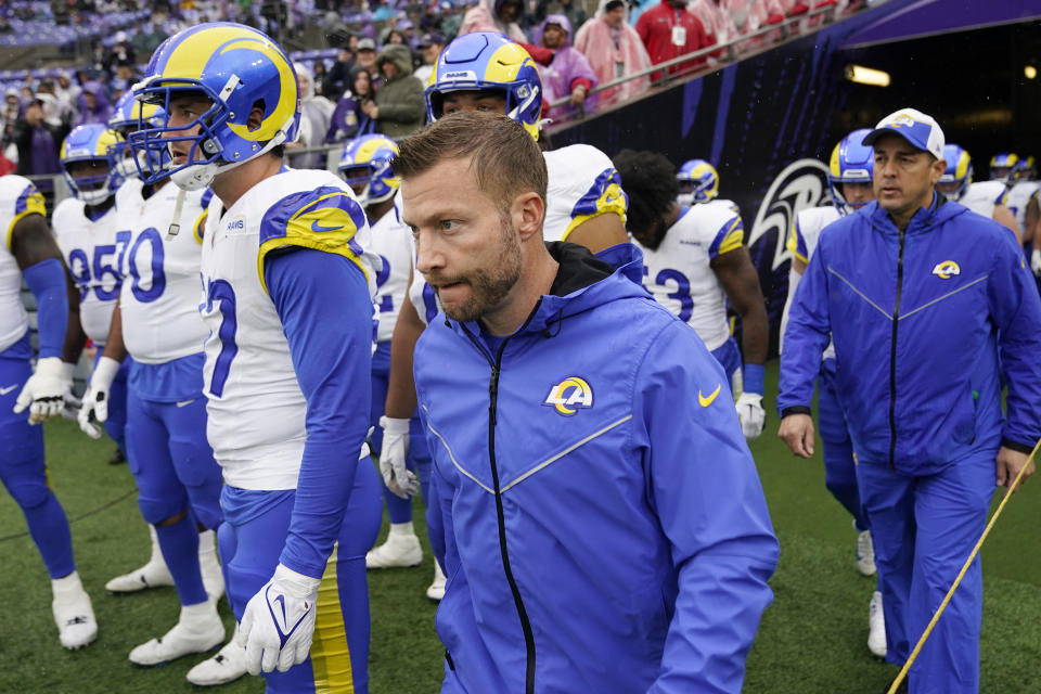 Los Angeles Rams head coach Sean McVay leads Rams players on the field prior to an NFL football game against the Baltimore Ravens Sunday, Dec. 10, 2023, in Baltimore. (AP Photo/Alex Brandon)