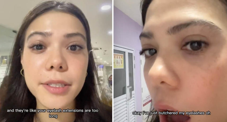 Two photos of a woman who had to cut her fake eyelashes for a passport photo.