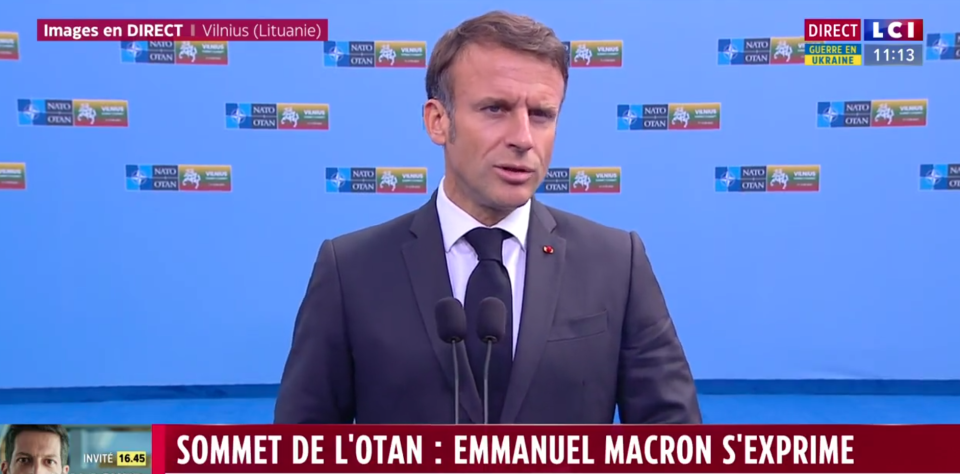 Emmanuel Macron s’exprimant depuis le sommet de l’Otan à Vilnius en Lituanie.
