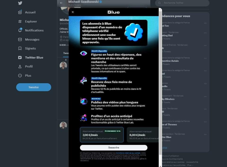 Un onglet « Twitter Blue » permet désormais de payer pour obtenir une version « premium » du réseau social en France.