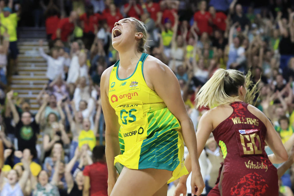 Donnell Wallam, pictured here celebrating after scoring the winning goal for Australia against England.