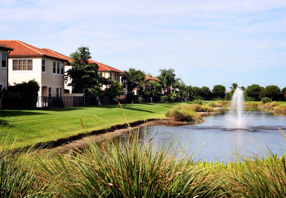 A fountain on the center lake in the Artesa neighborhood in Boynton Beach.