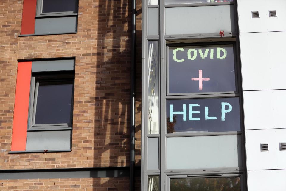 A sign in the window of the student accommodation at Nottingham Trent University in Nottingham (PA)