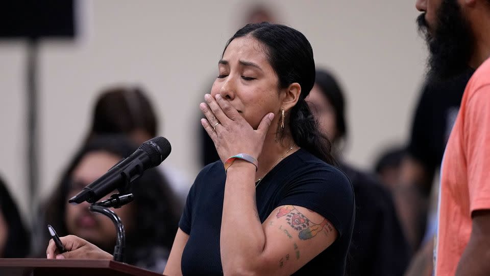 Kimberly Mata-Rubio speaks at a special city council meeting in Uvalde, Texas, on Thursday, March 7. - Eric Gay/AP