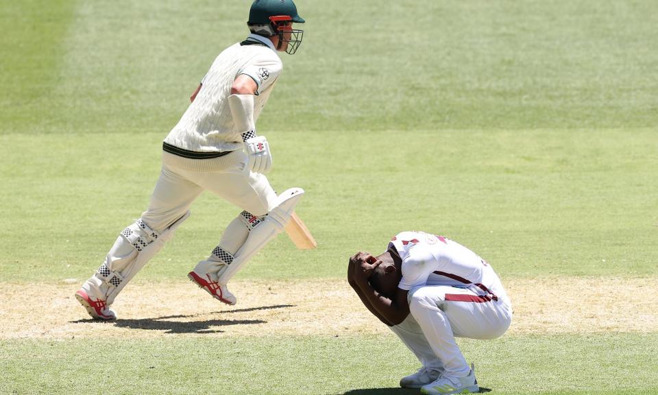 <span>Shamar Joseph rues a dropped catch in West Indies’ 10-wicket loss to <a class="link " href="https://sports.yahoo.com/soccer/teams/australia-women/" data-i13n="sec:content-canvas;subsec:anchor_text;elm:context_link" data-ylk="slk:Australia;sec:content-canvas;subsec:anchor_text;elm:context_link;itc:0">Australia</a> in the first Test at Adelaide Oval.</span><span>Photograph: Paul Kane/Getty Images</span>