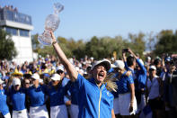 Europe's Team Captain Suzann Pettersen lifts the trophy after wining the Solheim Cup golf tournament in Finca Cortesin, near Casares, southern Spain, Sunday, Sept. 24, 2023. Europe has beaten the United States during this biannual women's golf tournament, which played alternately in Europe and the United States. (AP Photo/Bernat Armangue)