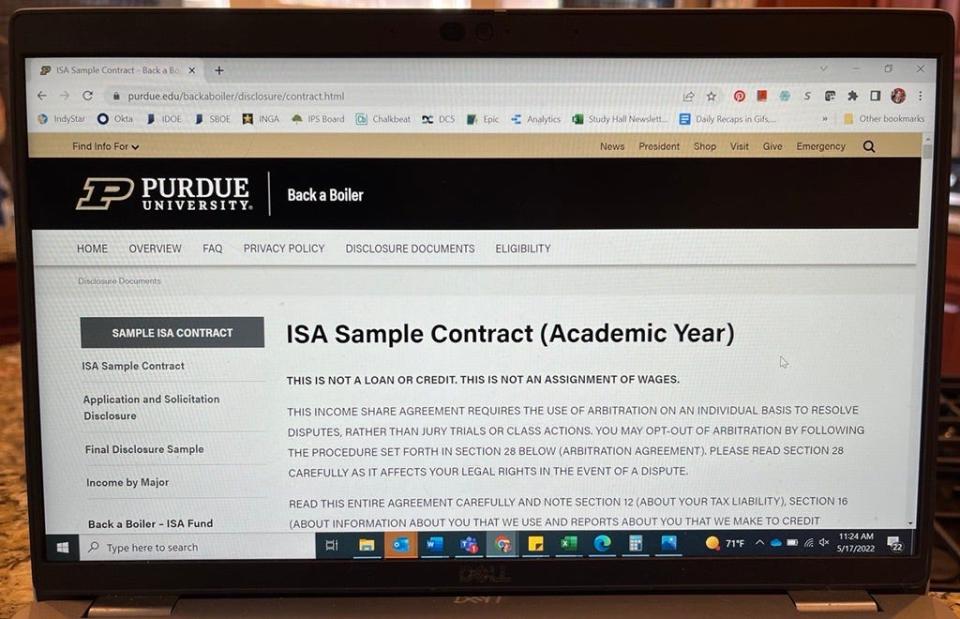 A sample contract on Purdue's website for its Back a Boiler income share agreement website. At the top, it says "THIS IS NOT A LOAN." The Consumer Financial Protection Bureau has said that ISAs are loans.