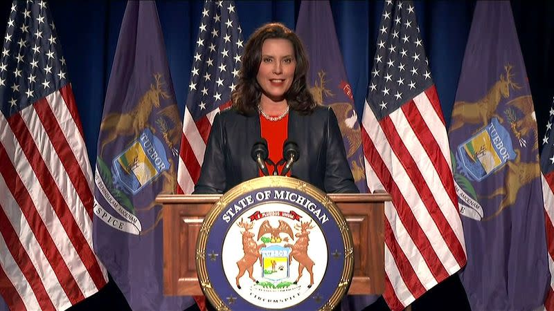 Michigan Governor Gretchen Whitmer speaks by video feed at start of the all virtual 2020 Democratic Convention hosted from Milwaukee, Wisconsin