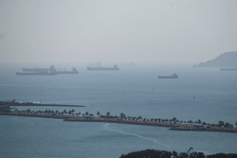 Buques de mercancías esperan en la Bahía de Panamá para atravesar el Canal de Panamá, el 17 de enero de 2024. (AP Foto/Agustín Herrera, Archivo)