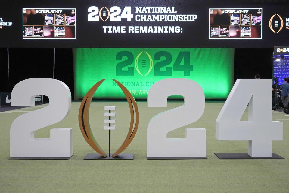 Jan 6, 2024; Houston, TX, USA; A general view of the College Football Playoff national championship game logo before media day at George R Brown Convention Center. Mandatory Credit: Kirby Lee-USA TODAY Sports