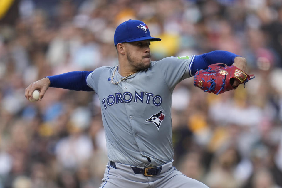 Toronto Blue Jays starting pitcher Jose Berrios works against a San Diego Padres batter during the third inning of a baseball game, Saturday, April 20, 2024, in San Diego. (AP Photo/Gregory Bull)