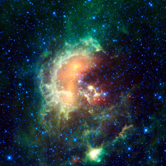 This infrared image from NASA's Wide-field Infrared Survey Explorer (WISE) showcases the Tadpole Nebula, a star-forming hub in the Auriga constellation about 12,000 light-years from Earth. As WISE scanned the sky, capturing this mosaic of stitched-together frames, it caught an asteroid in our solar system passing by. The asteroid, called 1719 Jens, left tracks across the image. A second asteroid was also observed cruising by. REUTERS/NASA/JPL-Caltech/UCLA/Handout