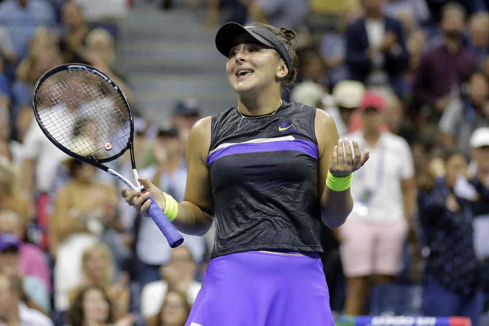Bianca Andreescu, of Canada, reacts after defeating Elise Mertens, of Belgium, during the quarterfinals of the U.S. Open tennis tournament, Wednesday, Sept. 4, 2019, in New York. (AP Photo/Seth Wenig)